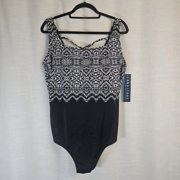 Longitude Black & White High Neck Tank Double X Back One Piece Suit-Size: 24W - Picture 1 of 8